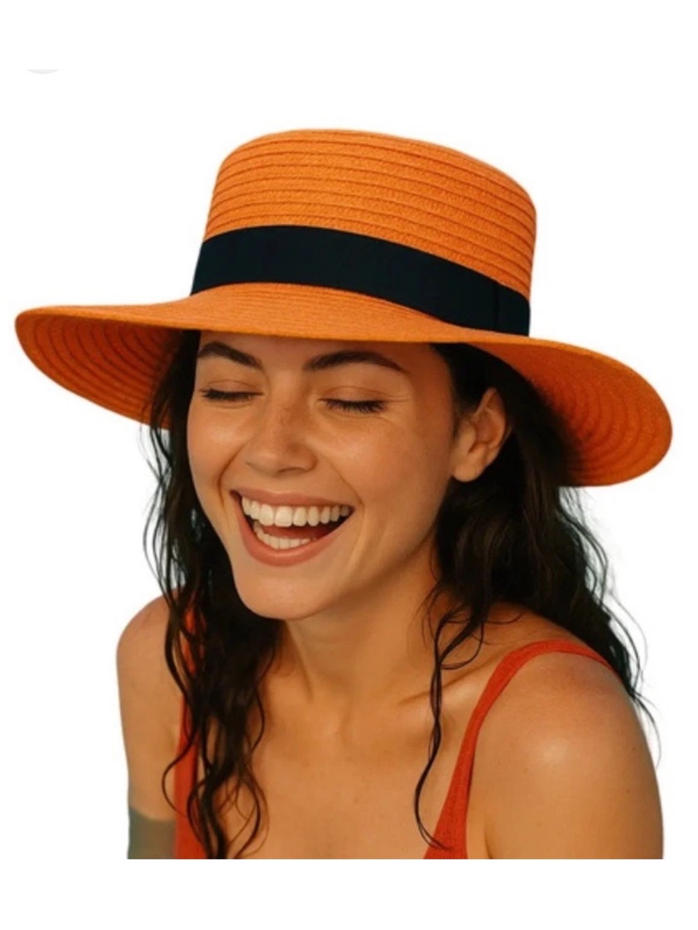 Orange Paper Wide Brim Black Ribbon Band Flat Top Summer Beach Hat